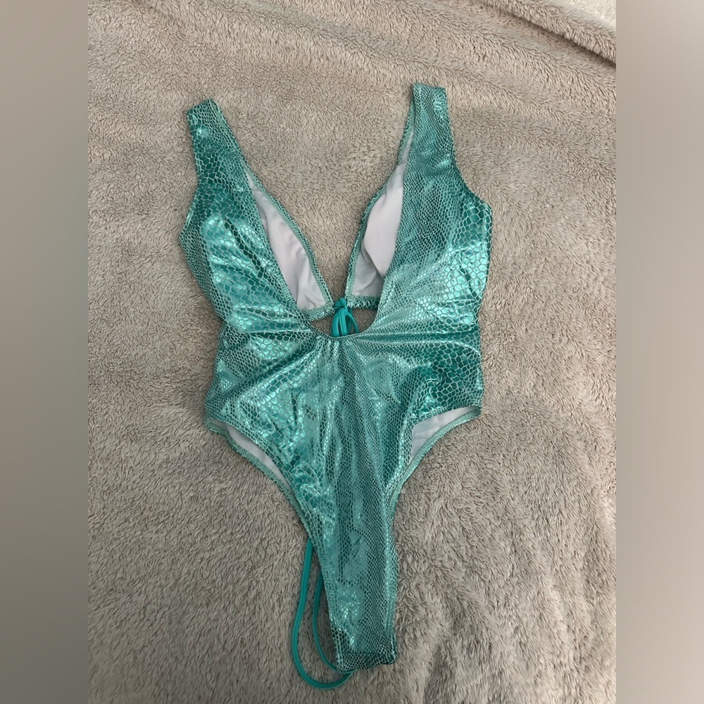Metallic Teal One-Piece Swimsuit - Picture 3 of 4